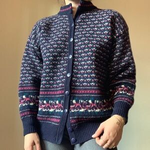 Vintage 80s Wool Geometric Oversized Blue Cardigan